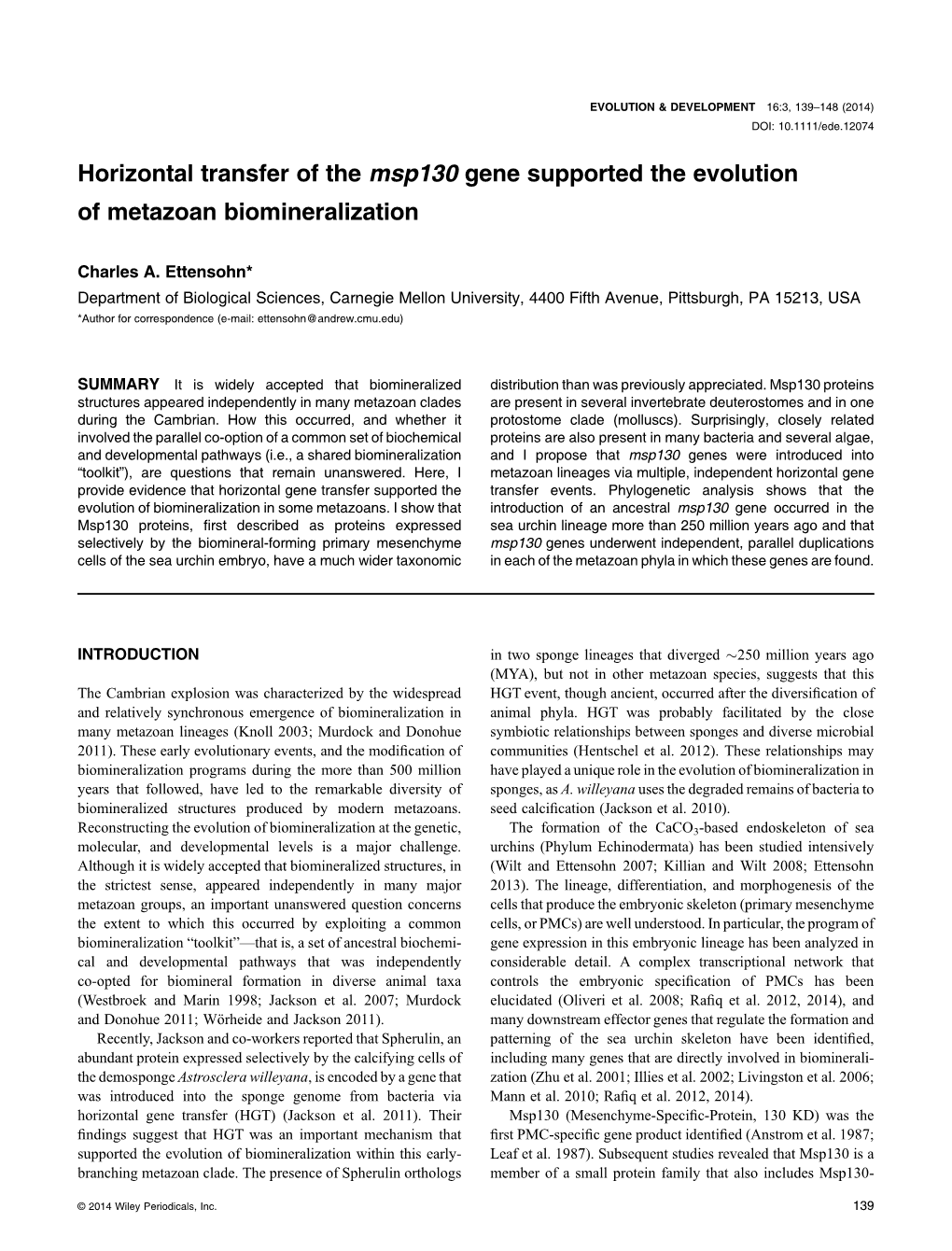 Horizontal Transfer of the Msp130 Gene Supported the Evolution of Metazoan Biomineralization