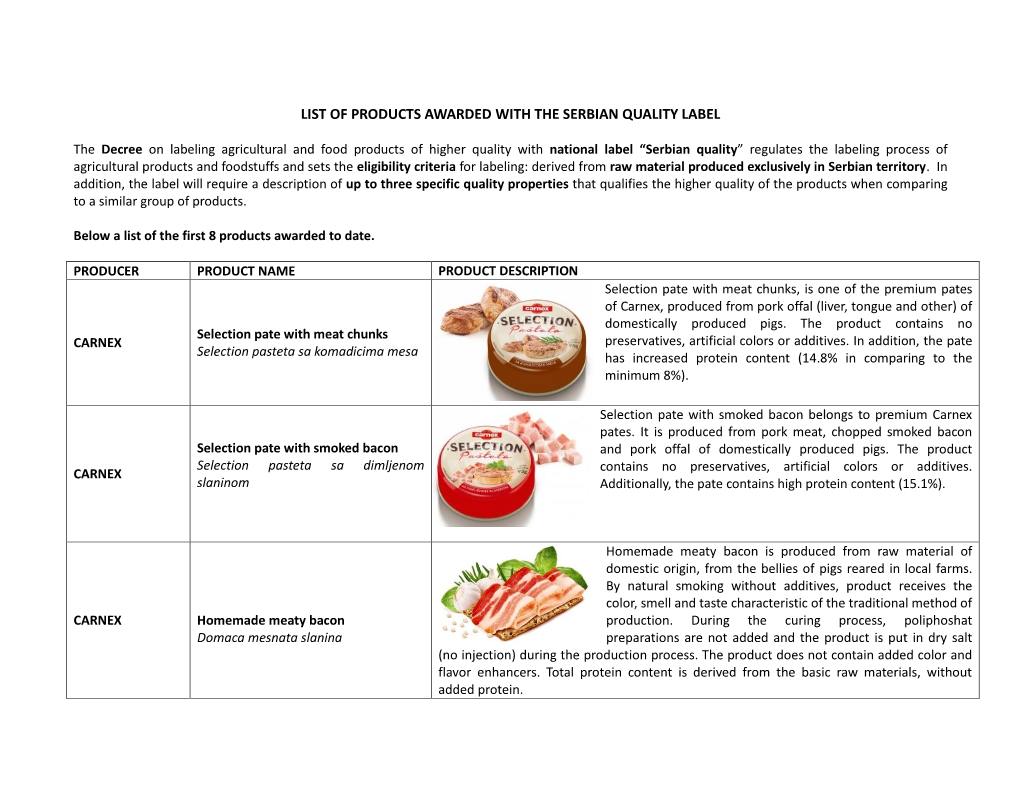 List of Products Awarded with the Serbian Quality Label