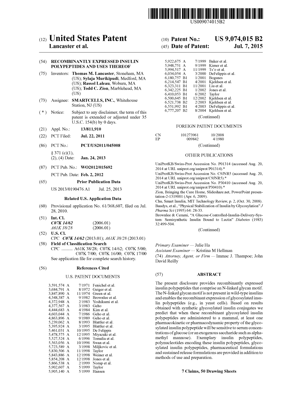 (12) United States Patent (10) Patent No.: US 9,074,015 B2 Lancaster Et Al