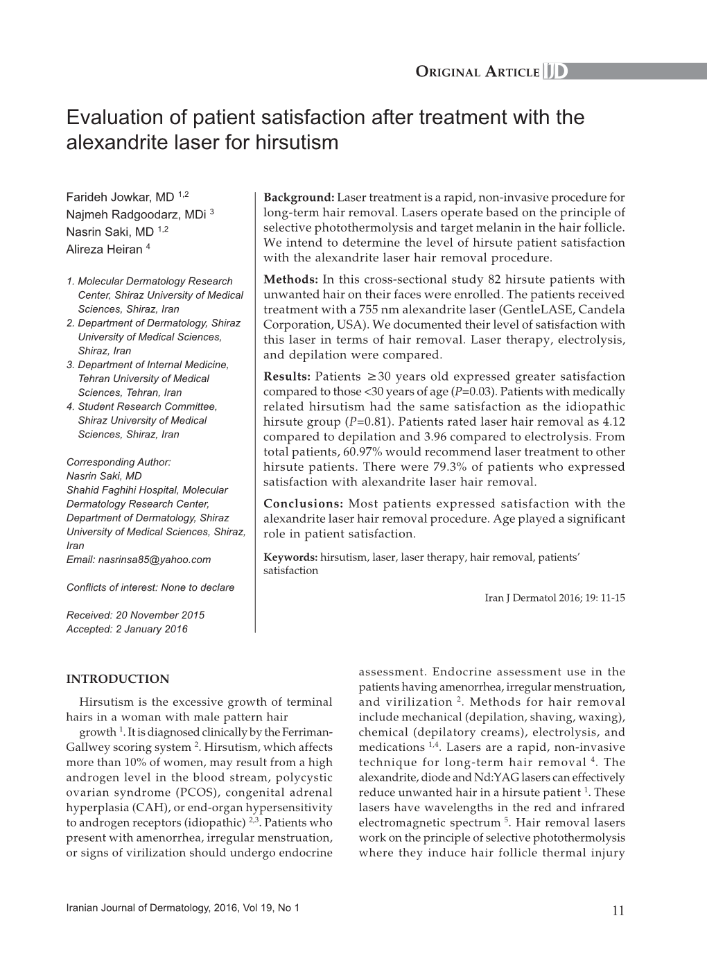 Evaluation of Patient Satisfaction After Treatment with the Alexandrite Laser for Hirsutism