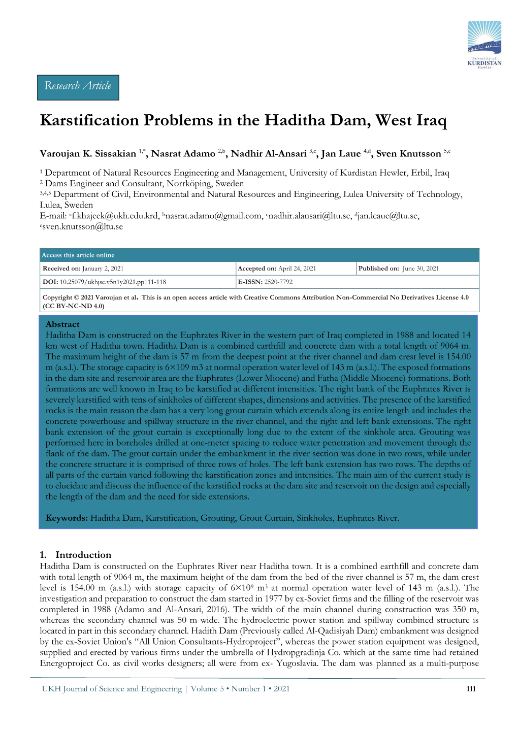 Karstification Problems in the Haditha Dam, West Iraq