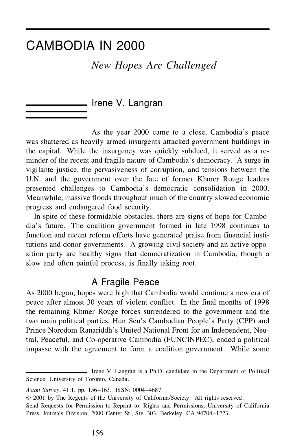 CAMBODIA in 2000 New Hopes Are Challenged