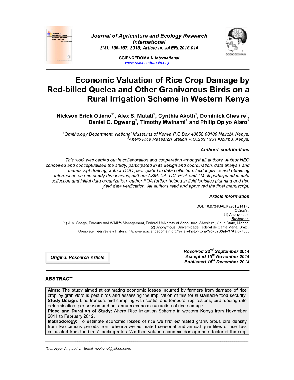 Economic Valuation of Rice Crop Damage by Red-Billed Quelea and Other Granivorous Birds on a Rural Irrigation Scheme in Western Kenya