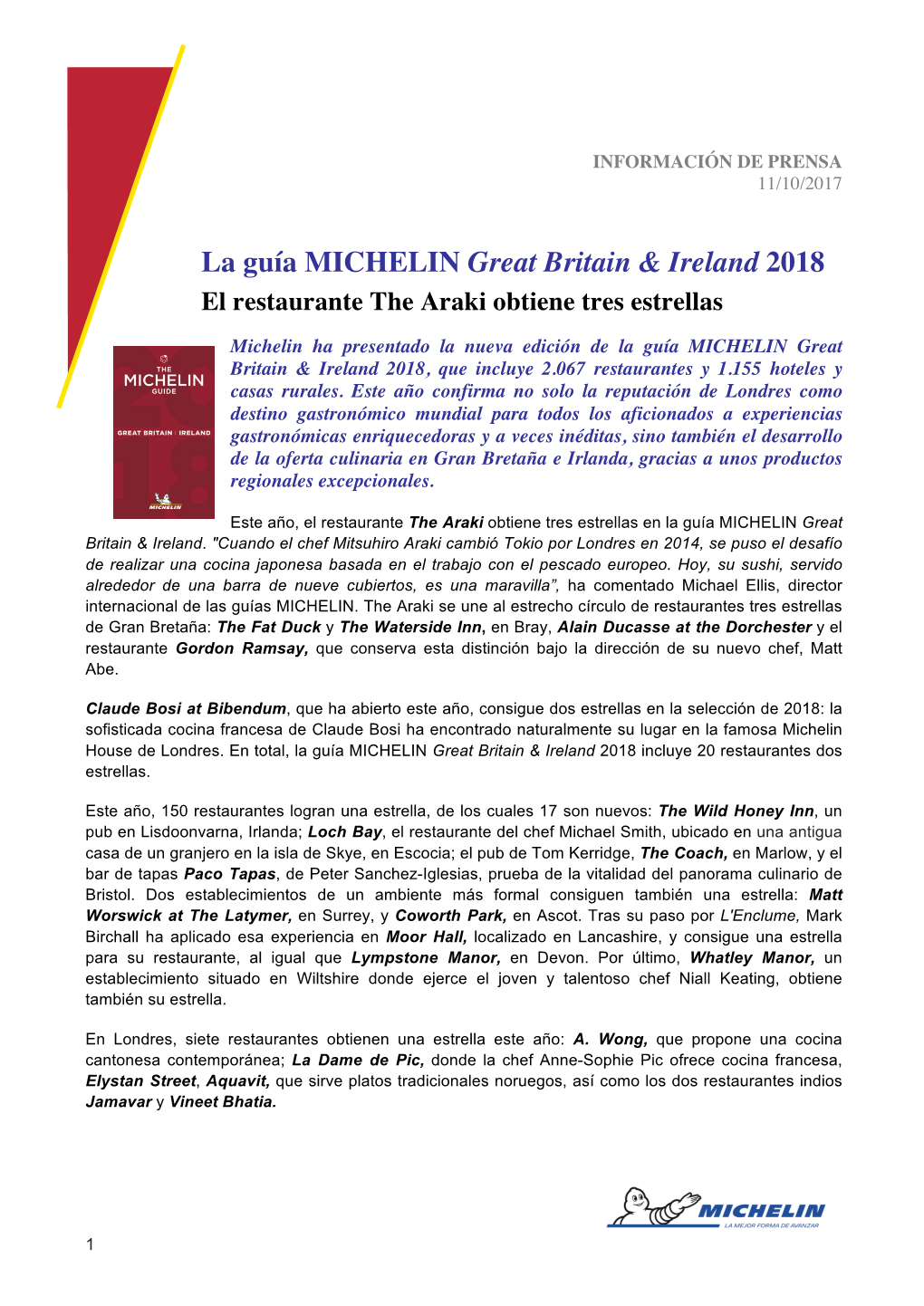 La Guía MICHELIN Great Britain & Ireland 2018