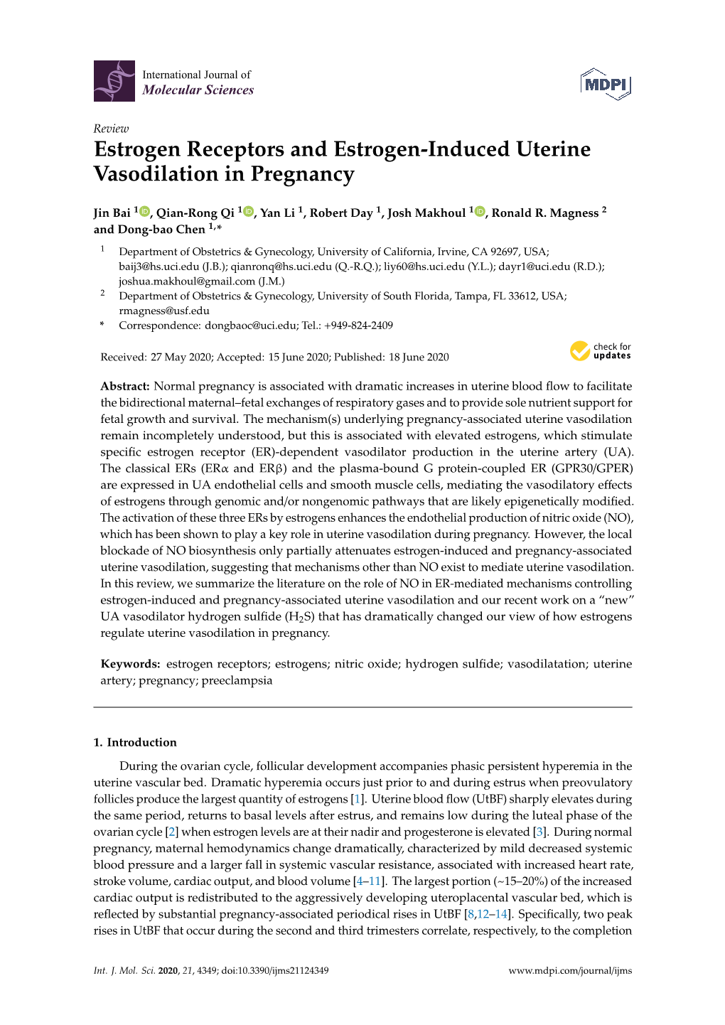 Estrogen Receptors and Estrogen-Induced Uterine Vasodilation in Pregnancy