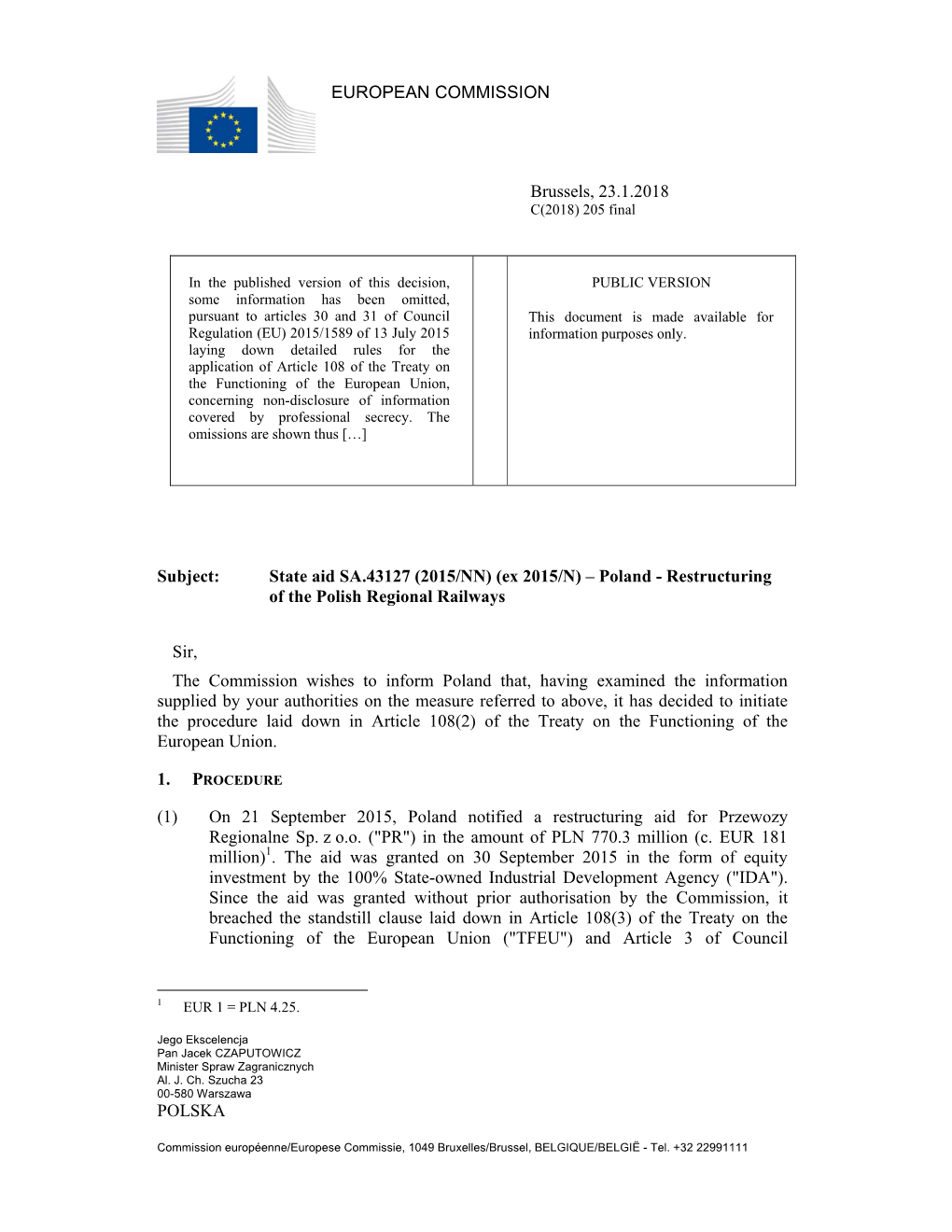 State Aid SA.43127 (2015/NN) (Ex 2015/N) – Poland - Restructuring of the Polish Regional Railways