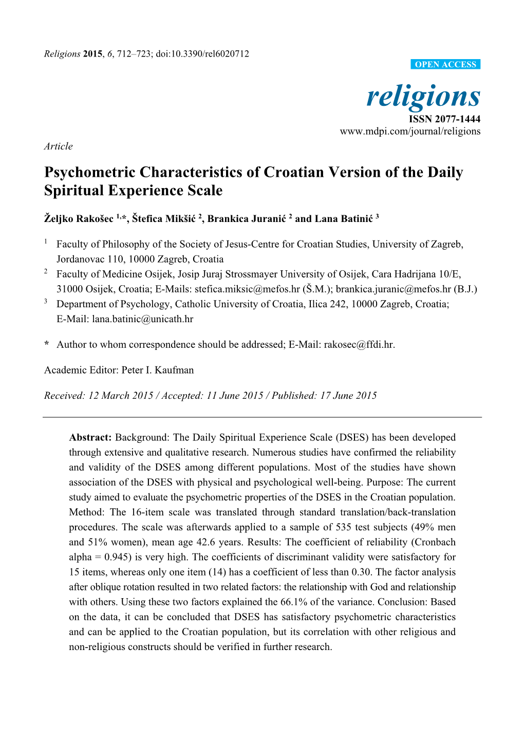 Psychometric Characteristics of Croatian Version of the Daily Spiritual Experience Scale