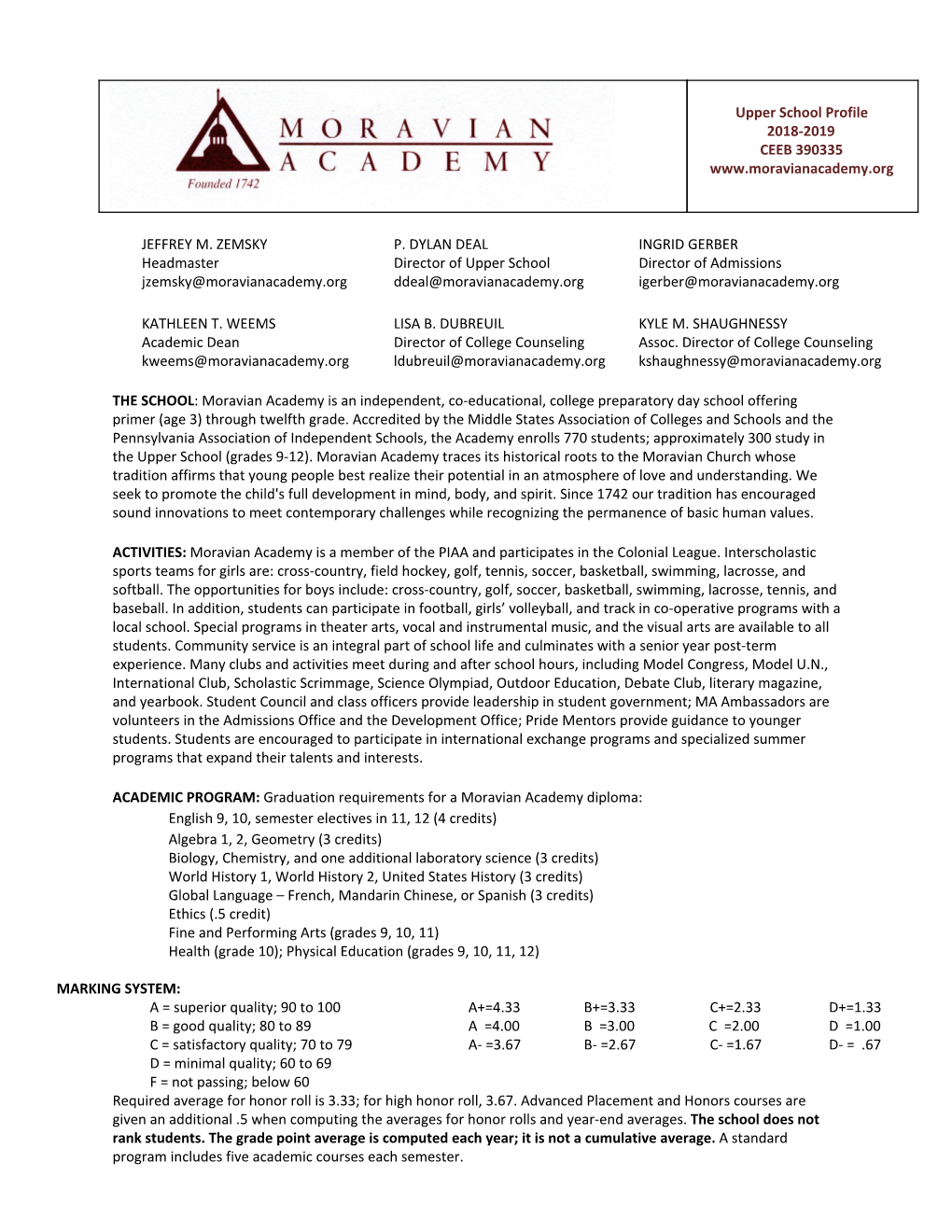 Upper School Profile 2018-2019 CEEB 390335