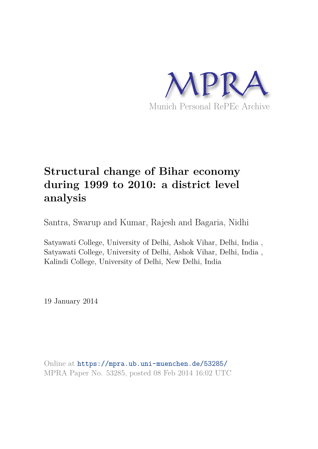 Structural Change of Bihar Economy During 1999 to 2010: a District Level Analysis