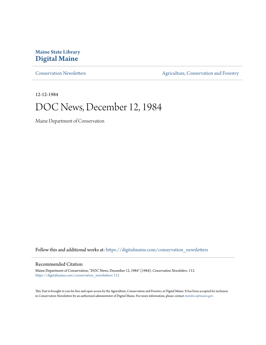 DOC News, December 12, 1984 Maine Department of Conservation