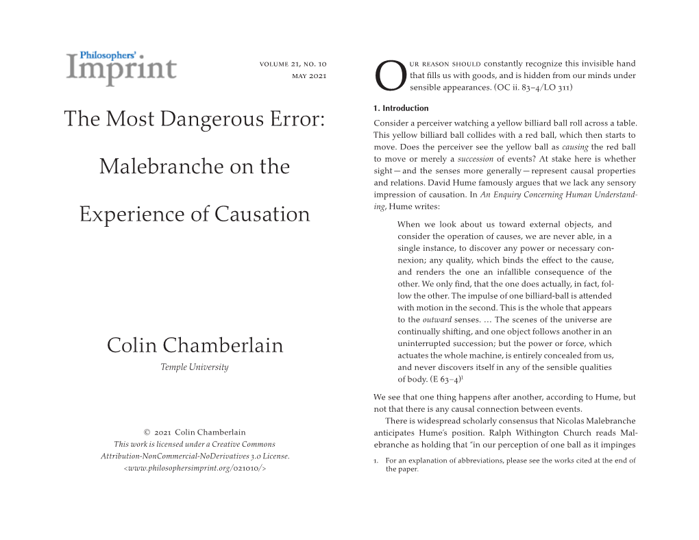 The Most Dangerous Error: Malebranche on the Experience Of
