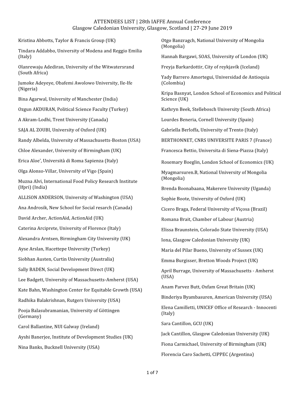 ATTENDEES LIST | 28Th IAFFE Annual Conference Glasgow Caledonian University, Glasgow, Scotland | 27-29 June 2019