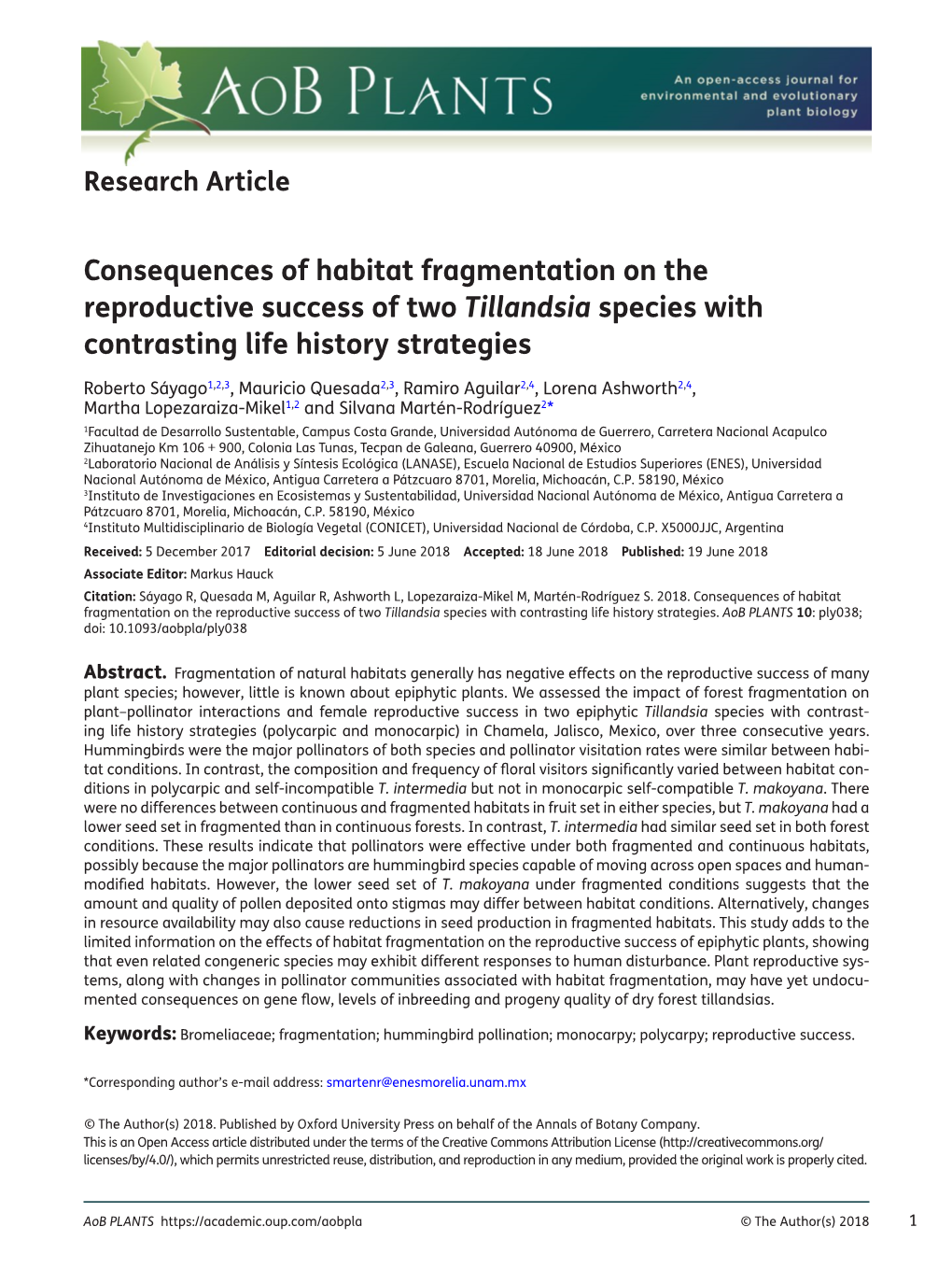 Consequences of Habitat Fragmentation on the Reproductive Success of Two Tillandsia Species with Contrasting Life History Strategies