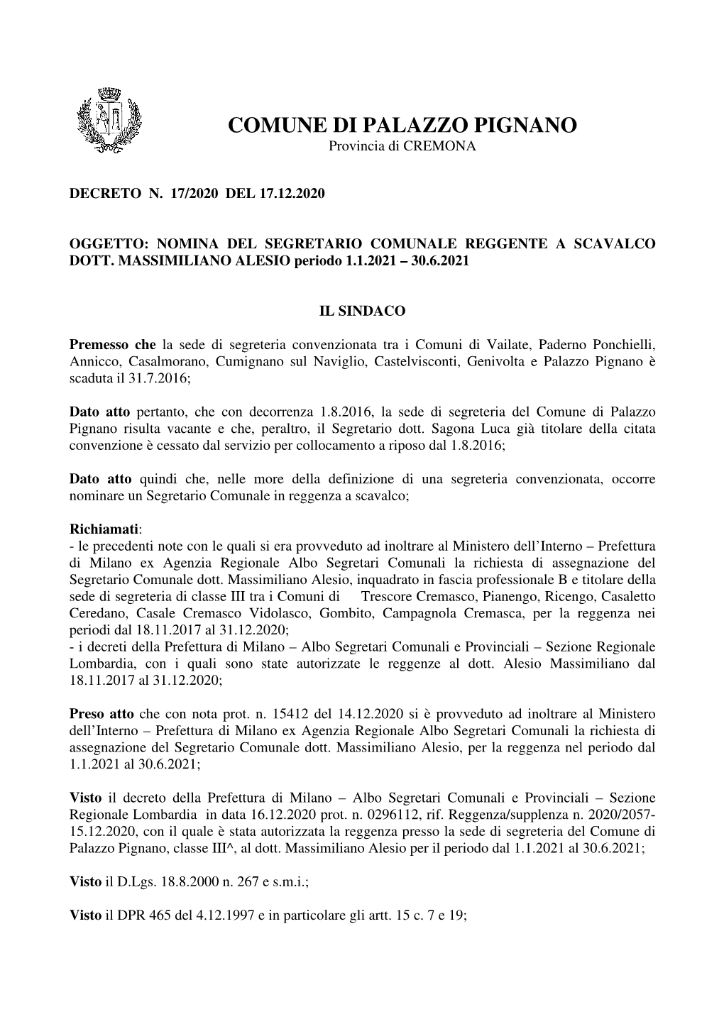 Decreto N. 17-2020 Reggenza a Scavalco