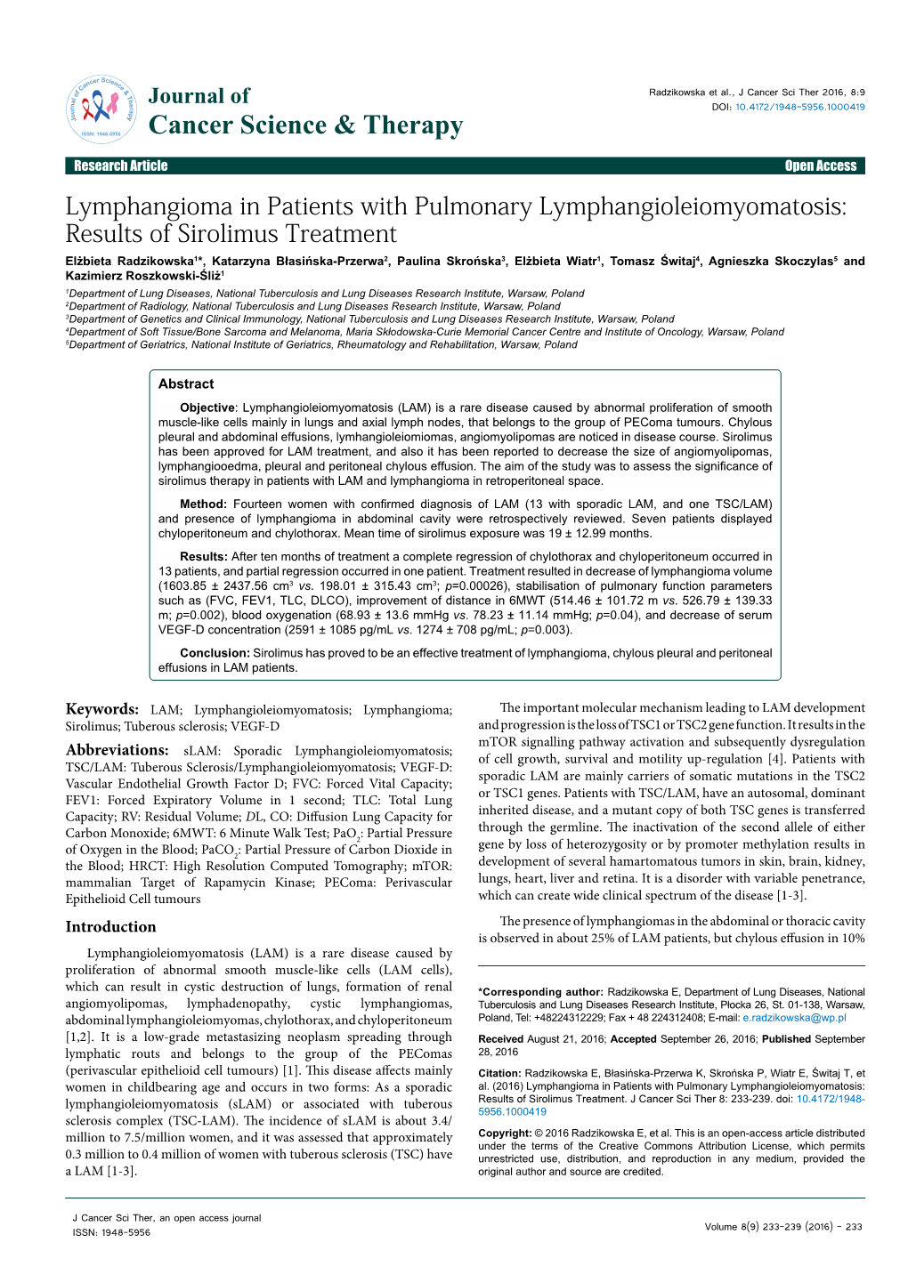 Lymphangioma in Patients with Pulmonary