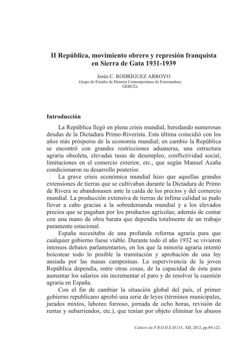 II República, Movimiento Obrero Y Represión Franquista En Sierra De Gata 1931-1939