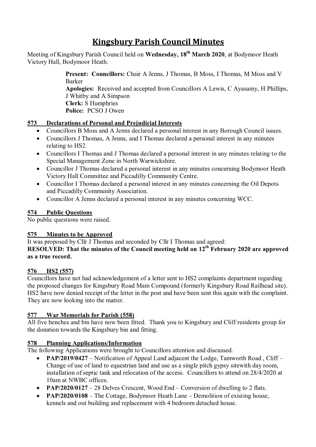 Kingsbury Parish Council Minutes
