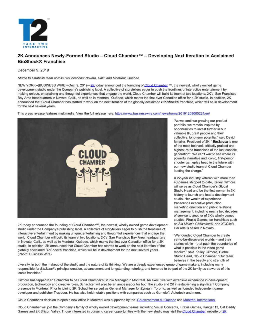 2K Announces Newly-Formed Studio – Cloud Chamber™ – Developing Next Iteration in Acclaimed Bioshock® Franchise