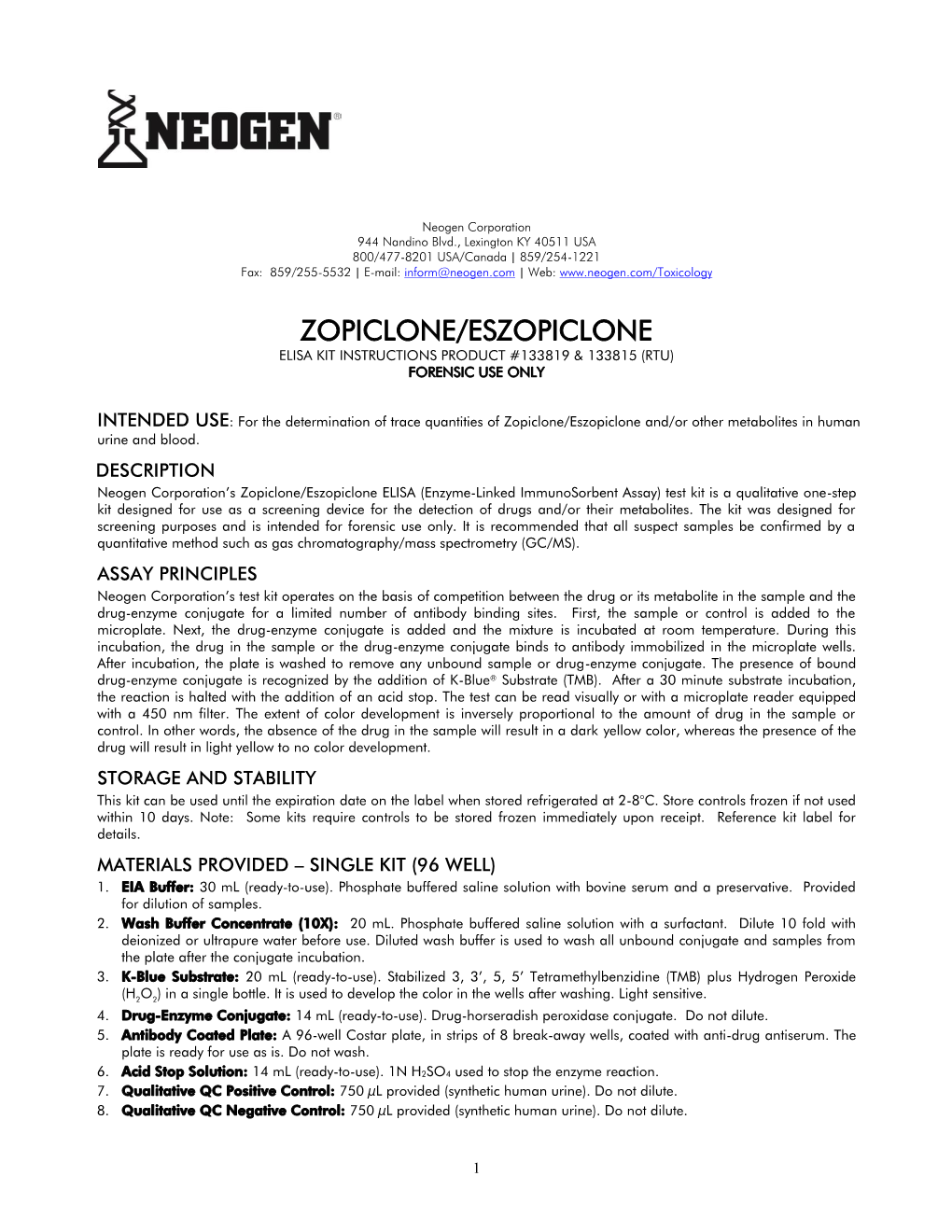 Zopiclone/Eszopiclone Elisa Kit Instructions Product #133819 & 133815 (Rtu) Forensic Use Only