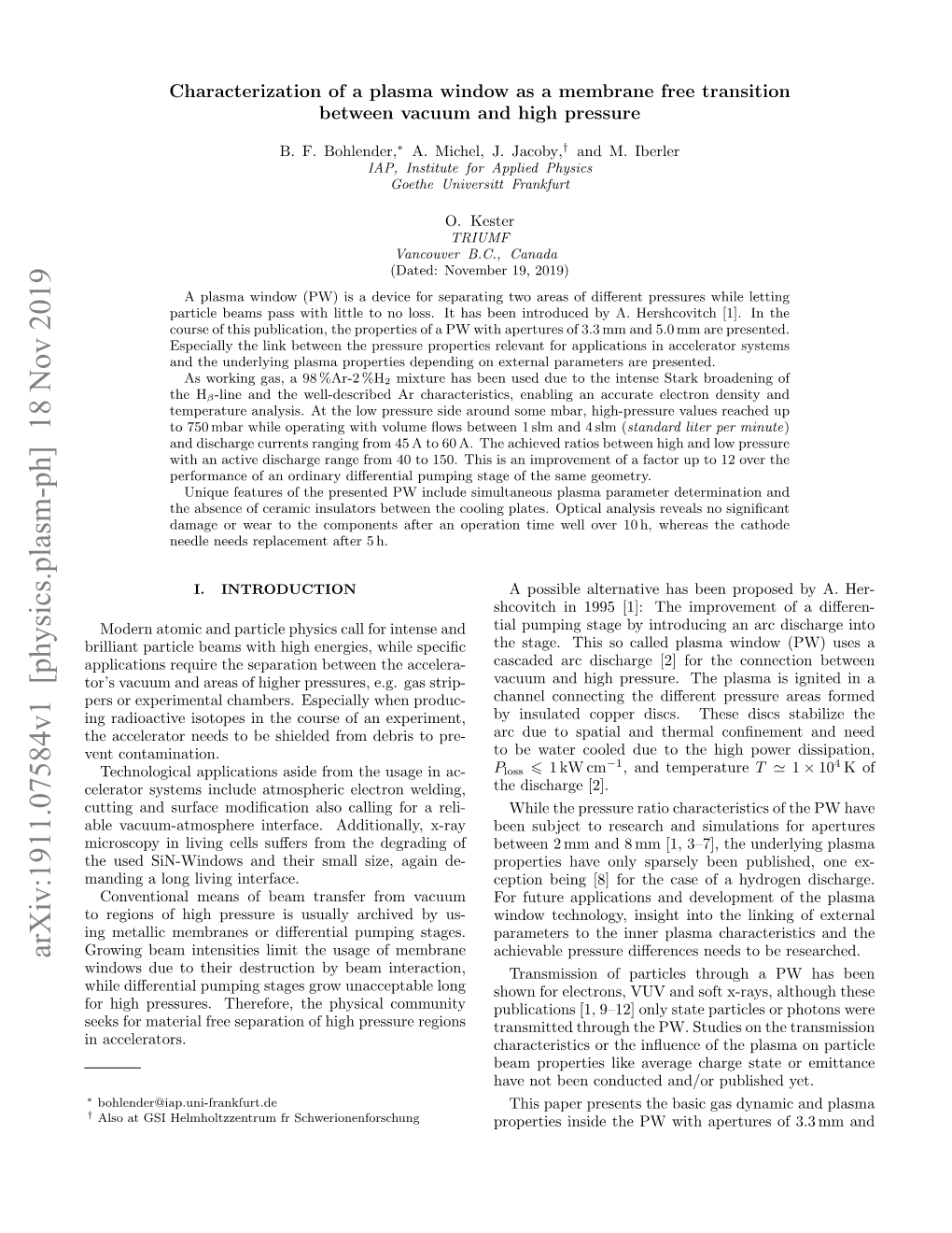 Characterization of a Plasma Window As a Membrane Free Transition Between Vacuum and High Pressure