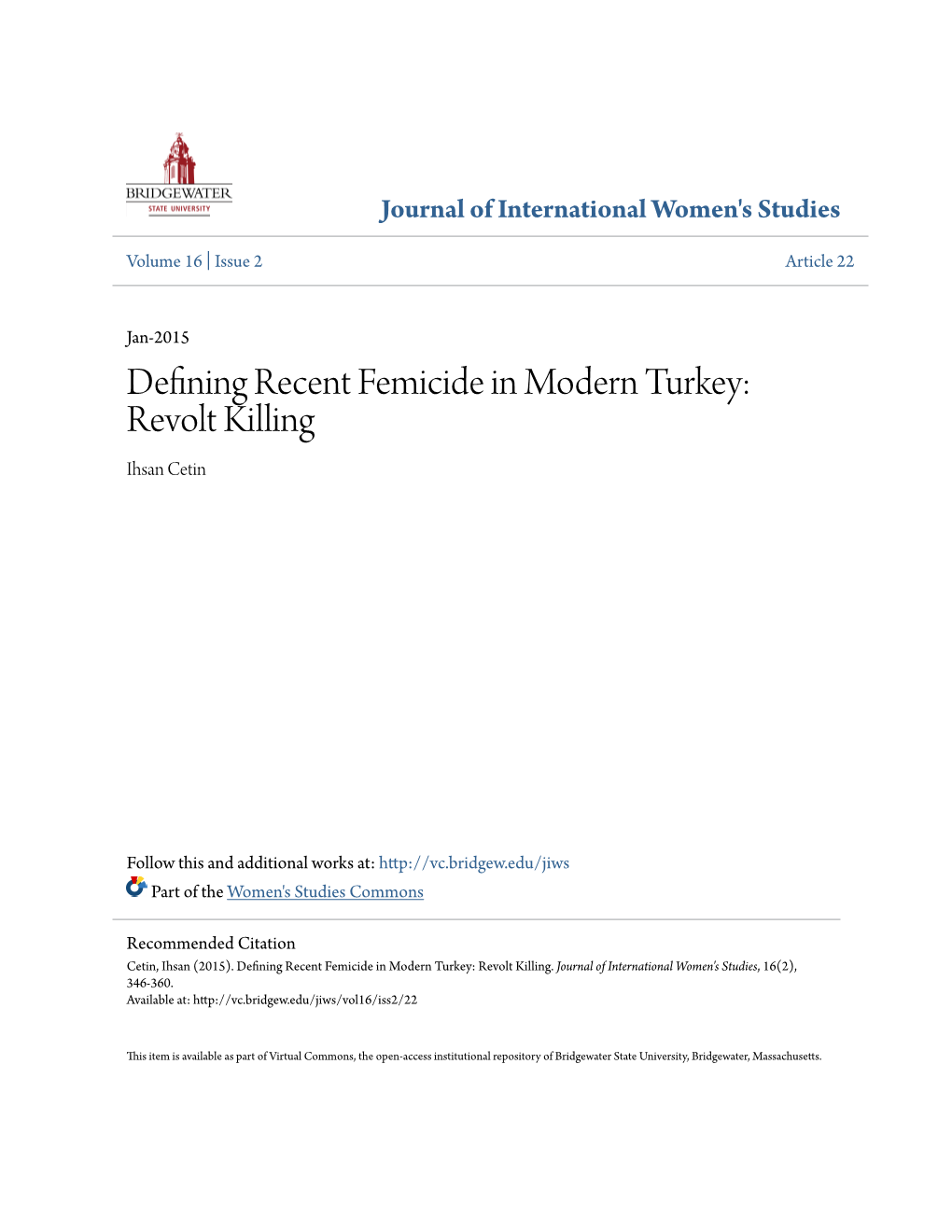 Defining Recent Femicide in Modern Turkey: Revolt Killing Ihsan Cetin