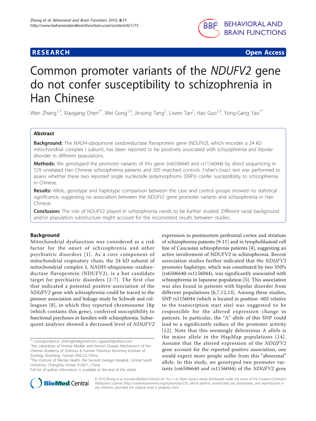 Common Promoter Variants of the NDUFV2 Gene Do Not Confer