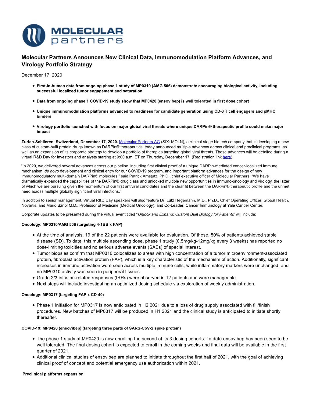 Molecular Partners Announces New Clinical Data, Immunomodulation Platform Advances, and Virology Portfolio Strategy