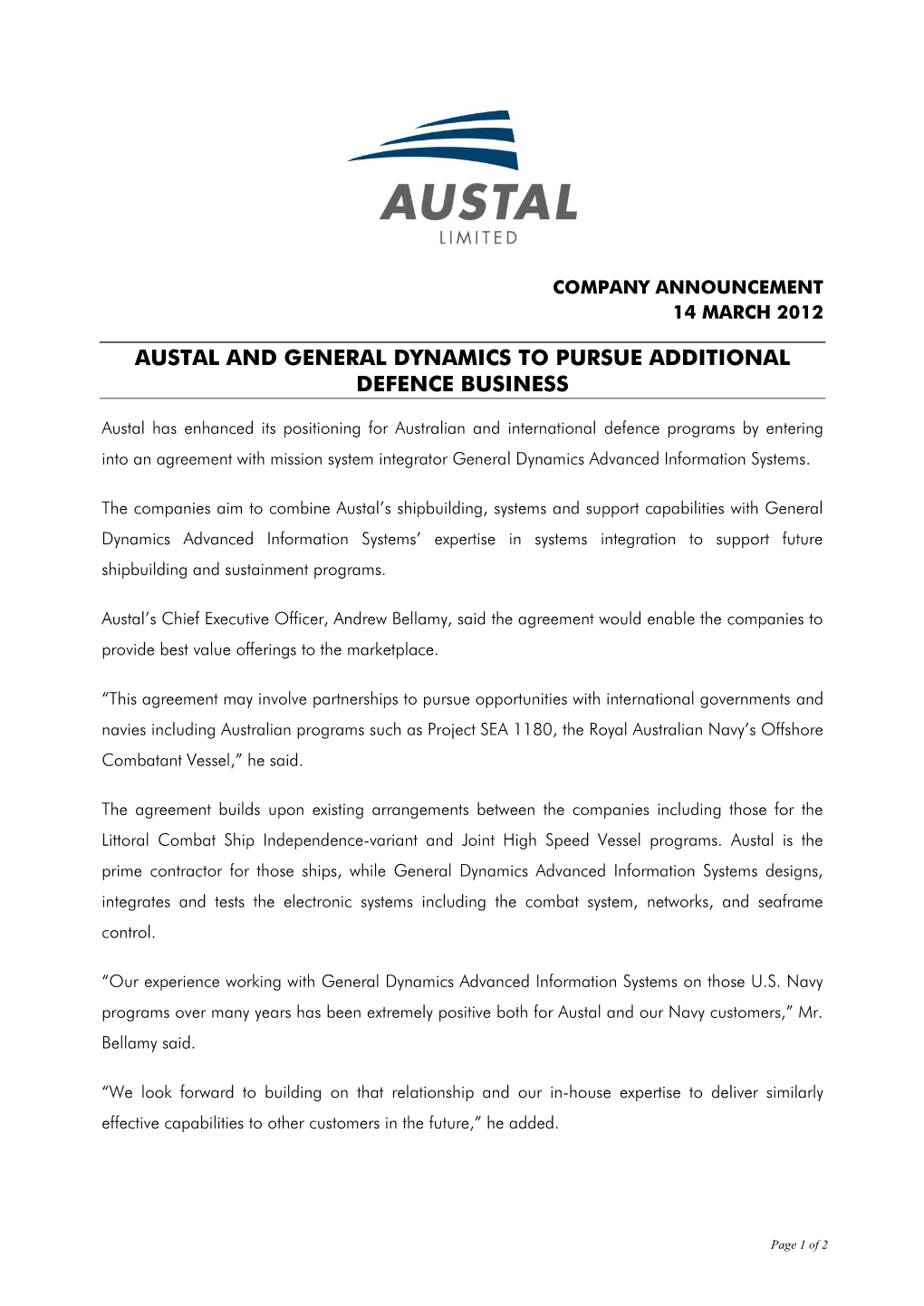 Austal and General Dynamics to Pursue Additional Defence Business