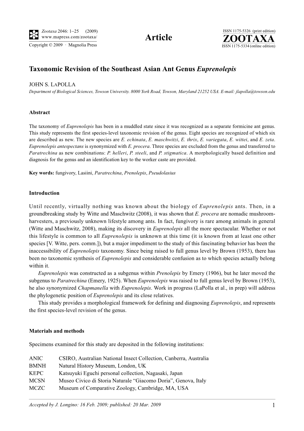 Zootaxa, Taxonomic Revision of the Southeast Asian Ant Genus