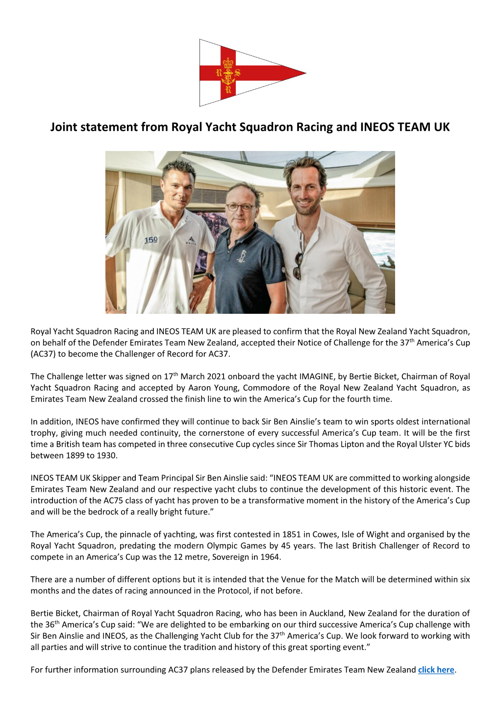 Joint Statement from Royal Yacht Squadron Racing and INEOS TEAM UK