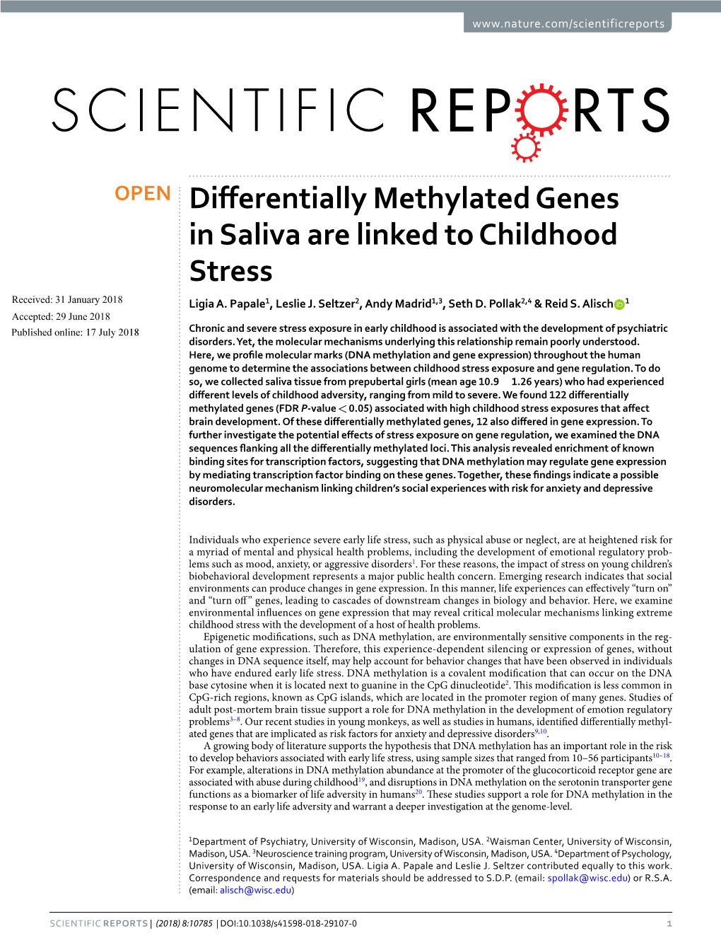 Differentially Methylated Genes in Saliva Are Linked to Childhood Stress