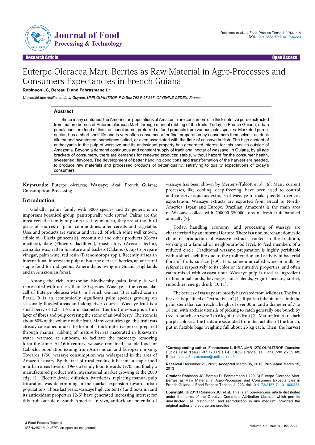 Euterpe Oleracea Mart. Berries As Raw Material in Agro-Processes