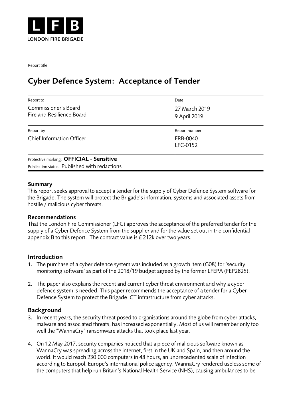 Cyber Defence System: Acceptance of Tender