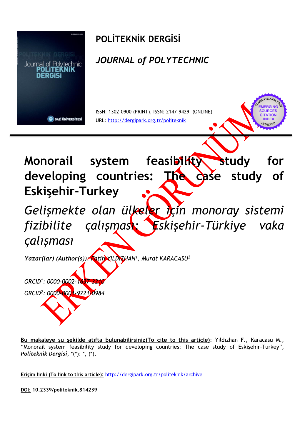 Monorail System Feasibility Study for Developing Countries