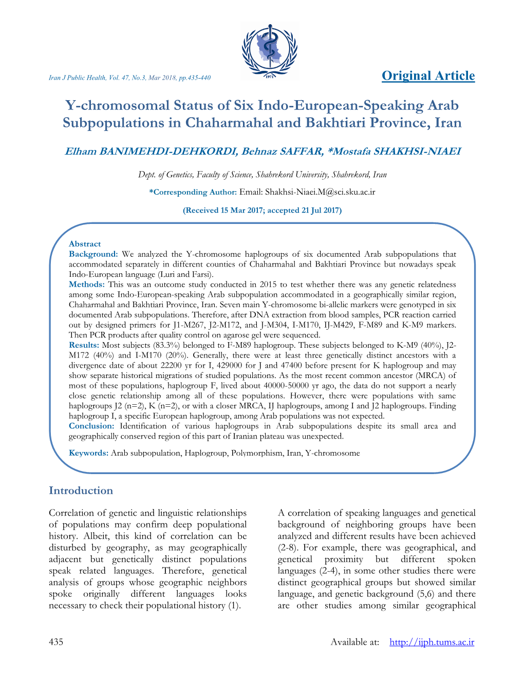 Y-Chromosomal Status of Six Indo-European-Speaking Arab Subpopulations in Chaharmahal and Bakhtiari Province, Iran