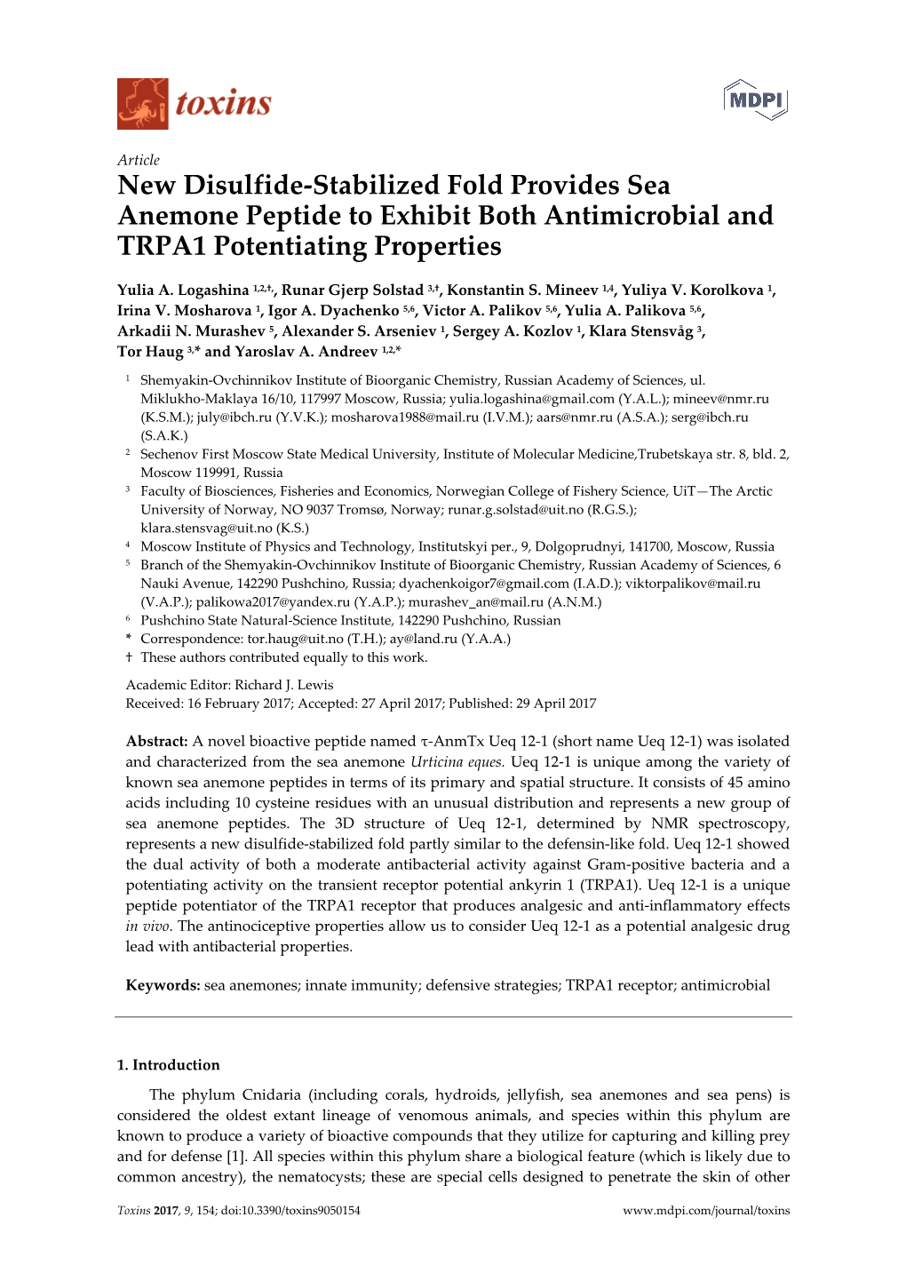New Disulfide-Stabilized Fold Provides Sea Anemone Peptide to Exhibit Both Antimicrobial and TRPA1 Potentiating Properties