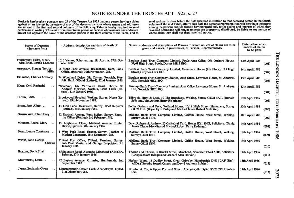 NOTICES UNDER the TRUSTEE ACT 1925, S. 27