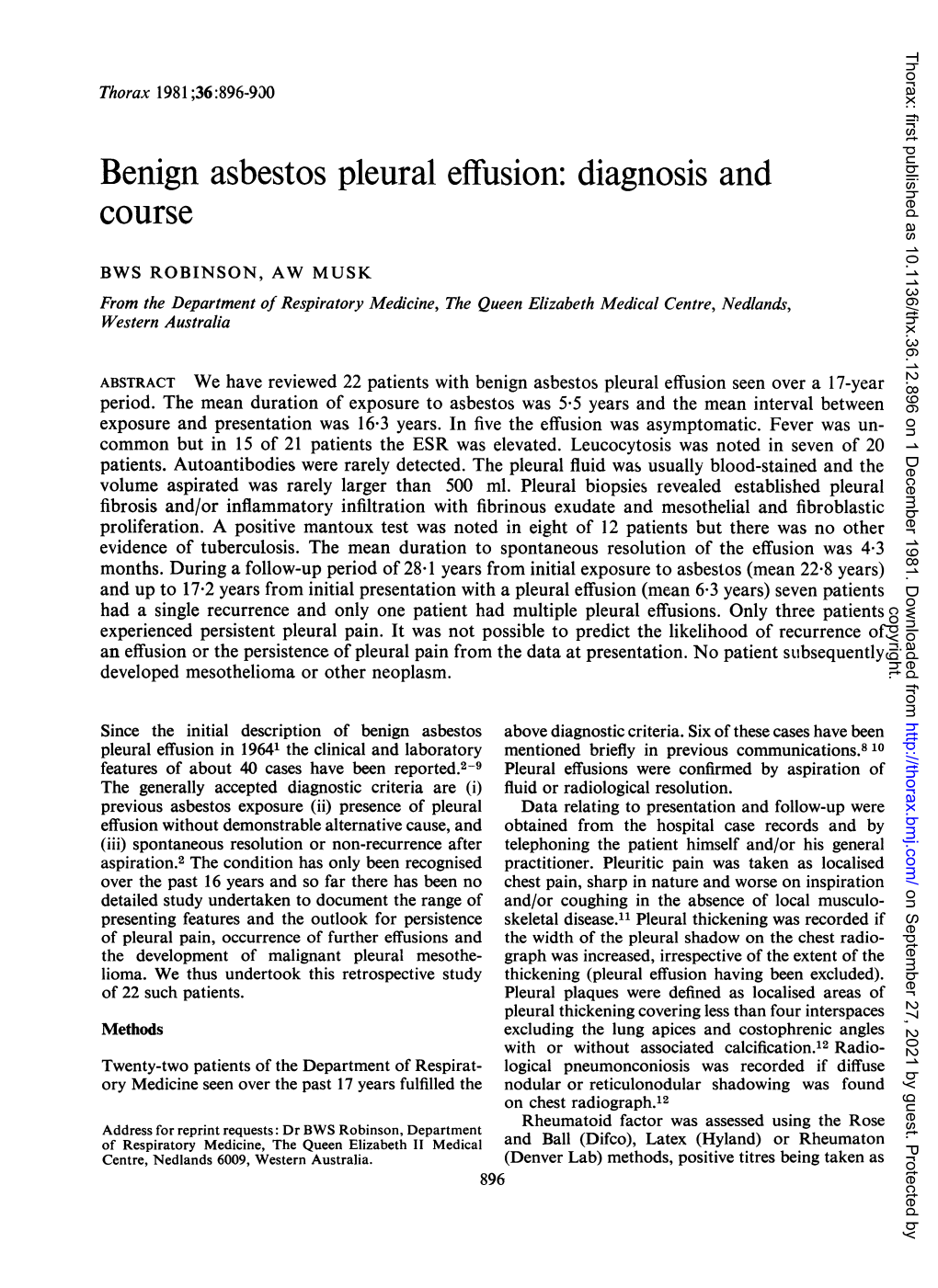 Benign Asbestos Pleural Effusion: Diagnosis and Course