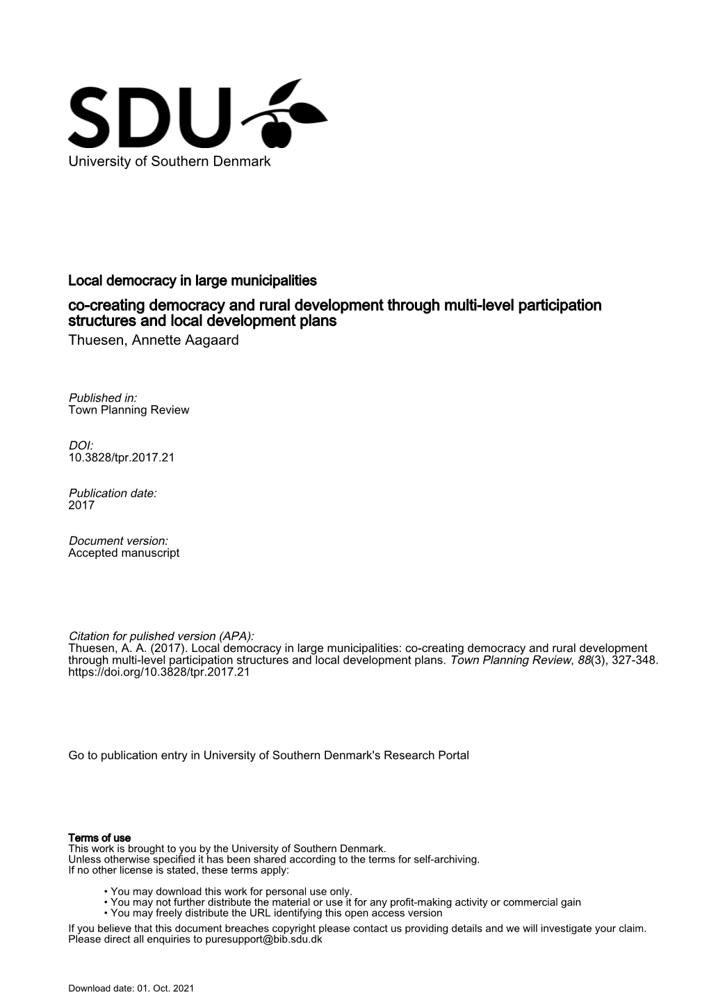 Co-Creating Democracy and Rural Development Through Multi-Level Participation Structures and Local Development Plans Thuesen, Annette Aagaard