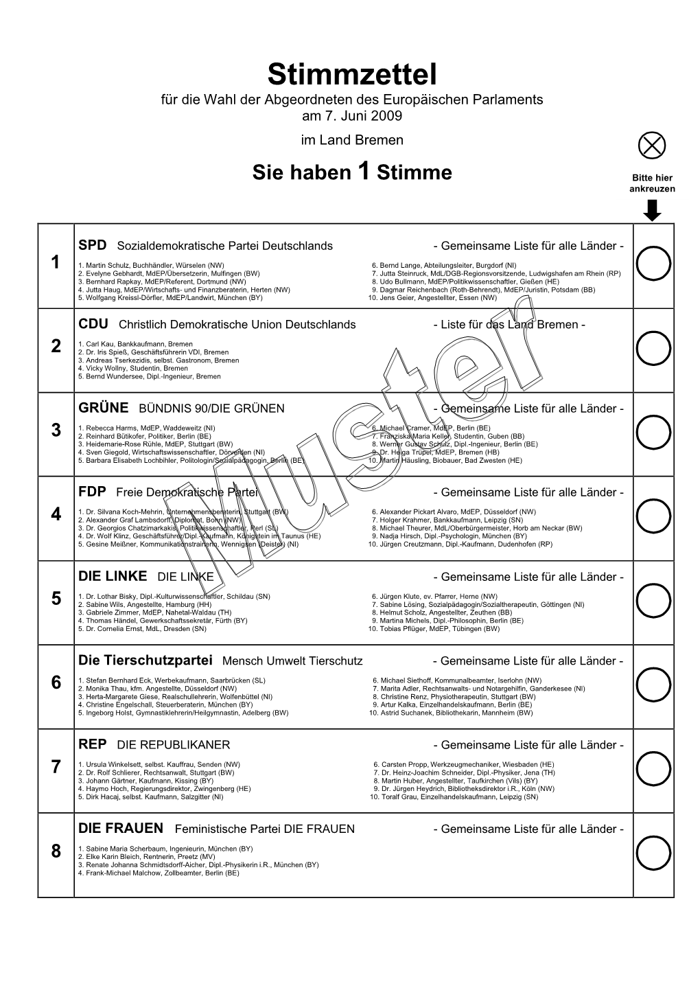 Stimmzettel Für Die Wahl Der Abgeordneten Des Europäischen Parlaments Am 7