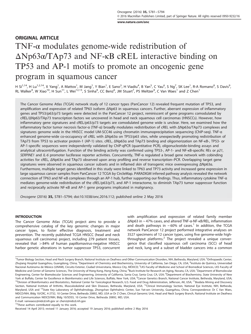 TNF-Α Modulates Genome-Wide Redistribution of Δnp63α/Tap73 And