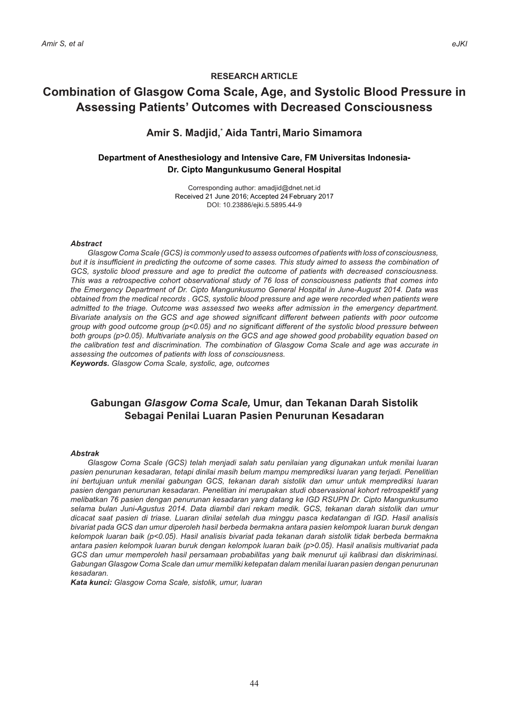 Combination of Glasgow Coma Scale, Age, and Systolic Blood Pressure in Assessing Patients’ Outcomes with Decreased Consciousness