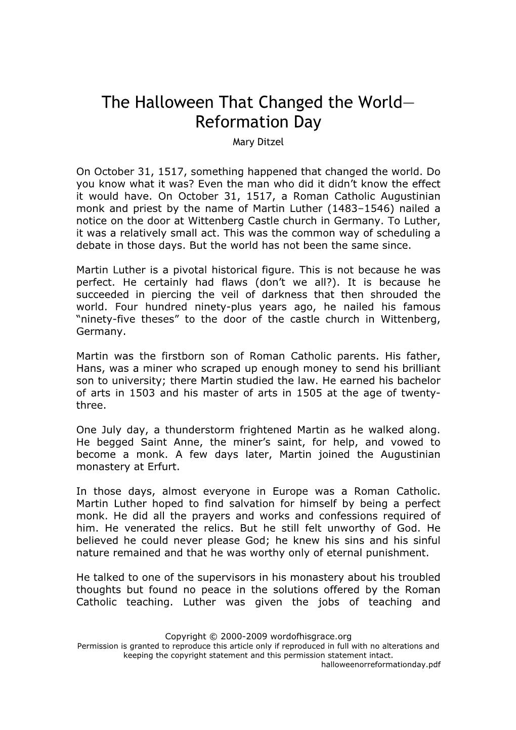 Reformation Day Mary Ditzel