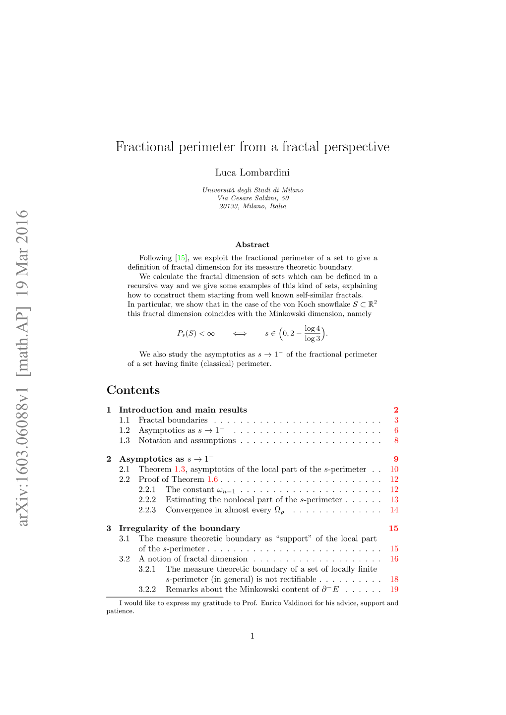 Fractional Perimeter from a Fractal Perspective