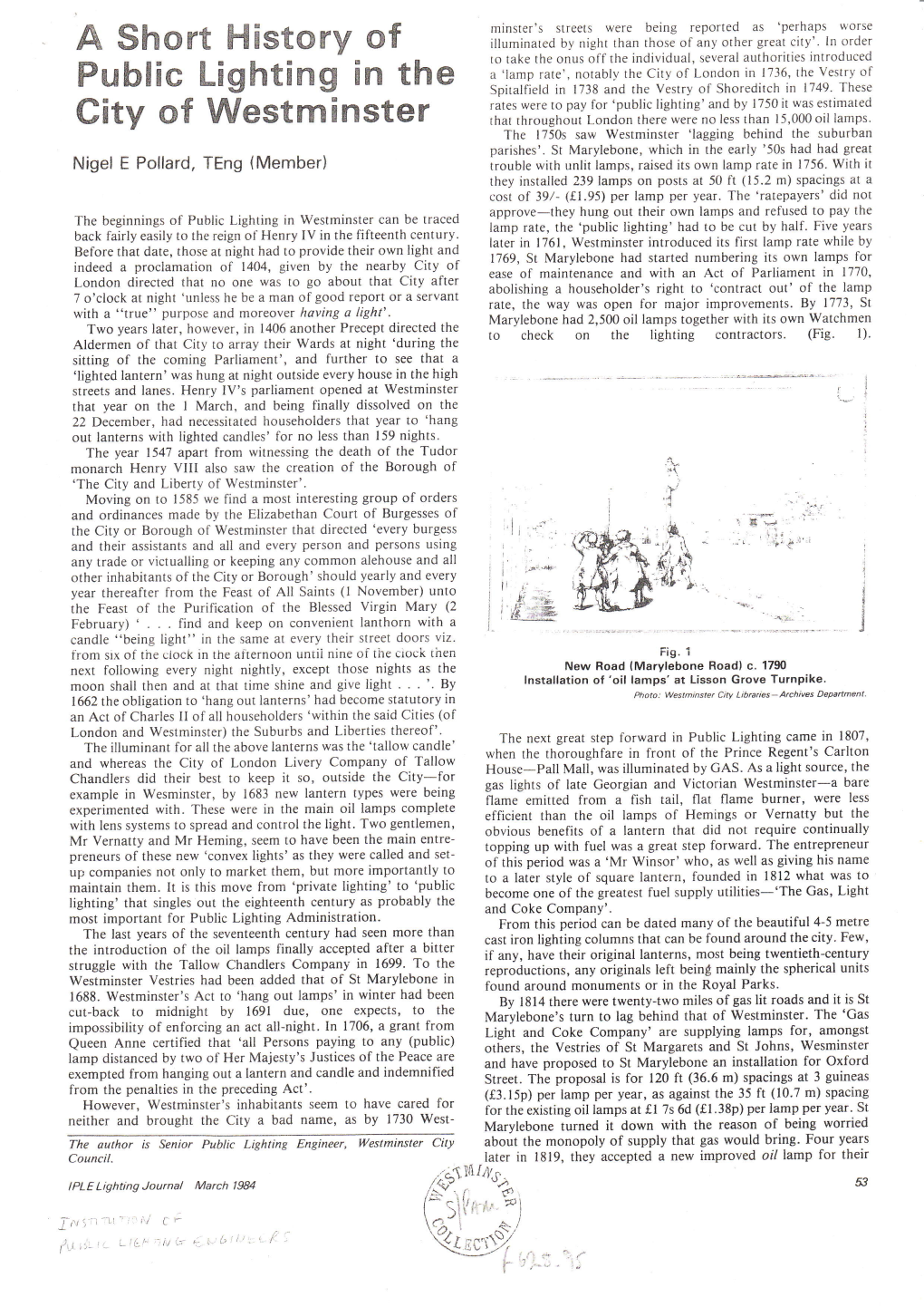 History of Public Lighting in Westminster