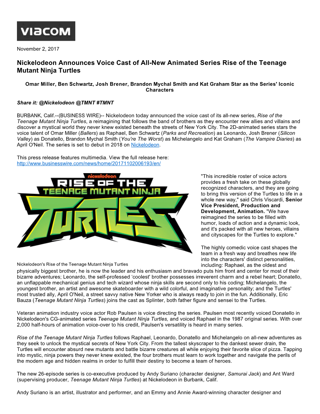 Nickelodeon Announces Voice Cast of All-New Animated Series Rise of the Teenage Mutant Ninja Turtles