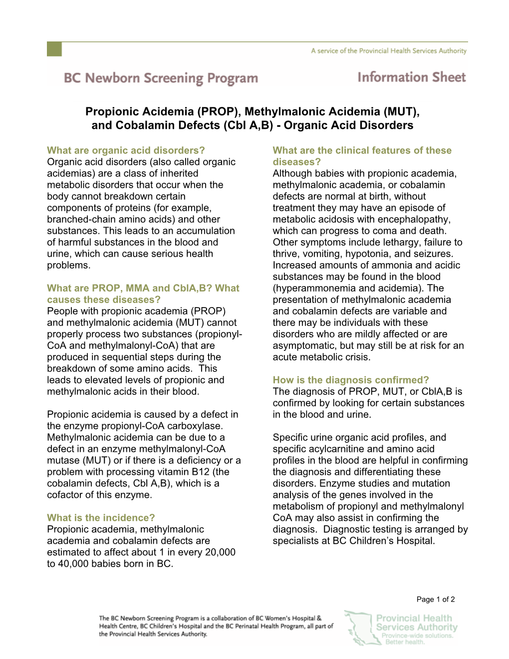 Cobalamin Disorders (Cbl A,B) and Methylmalonic Acidemia (MUT)