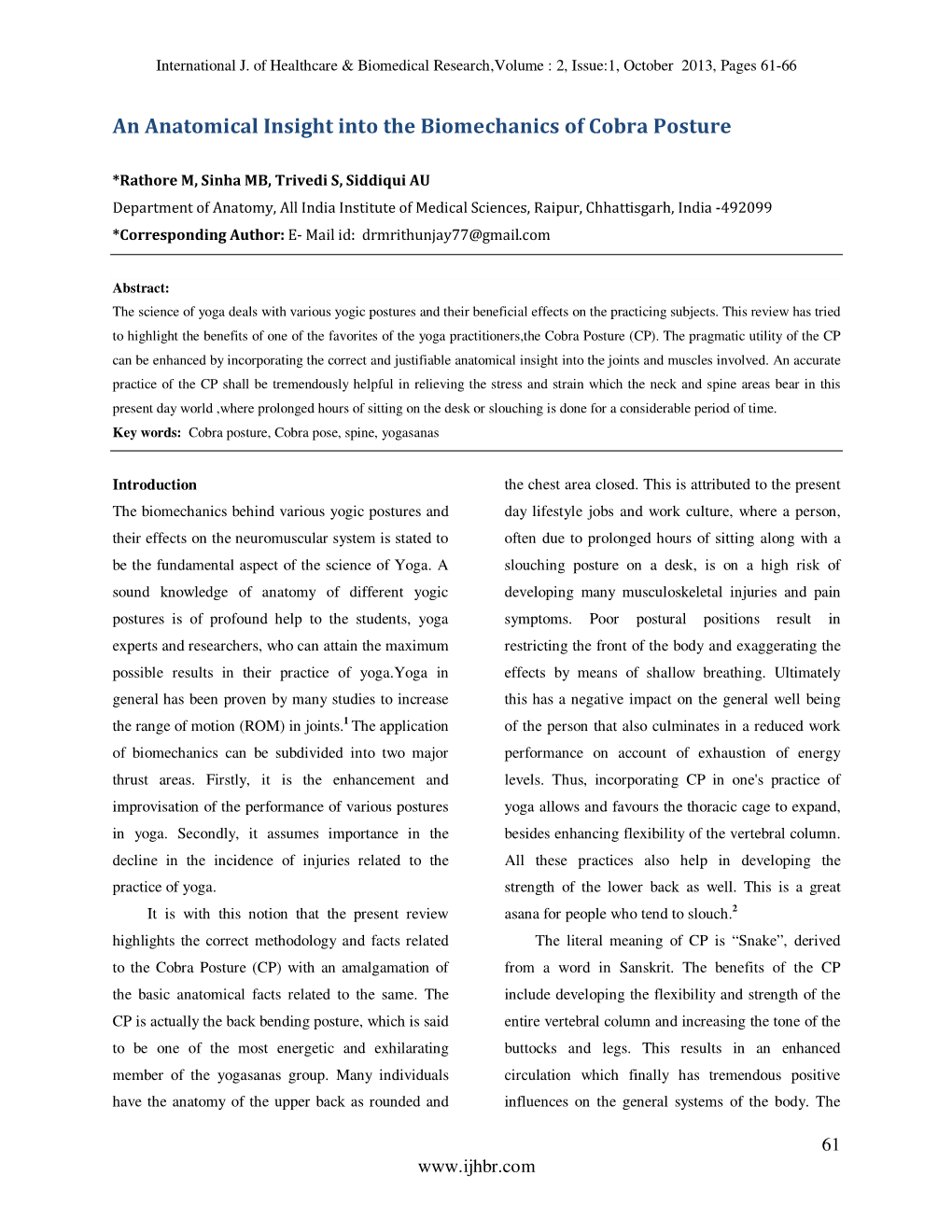 An Anatomical Insight Into the Biomechanics of Cobra Posture