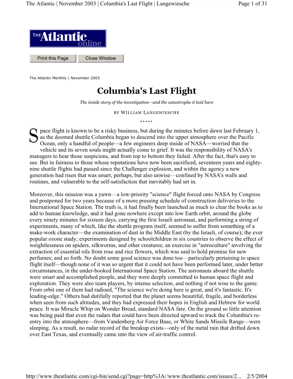 Columbia's Last Flight | Langewiesche Page 1 of 31