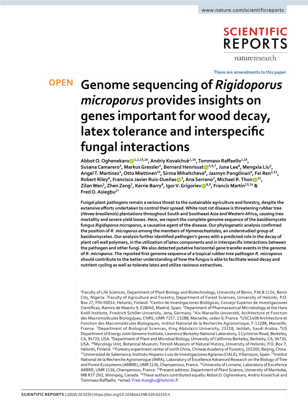 Genome Sequencing of Rigidoporus Microporus Provides Insights on Genes Important for Wood Decay, Latex Tolerance and Interspecifc Fungal Interactions Abbot O